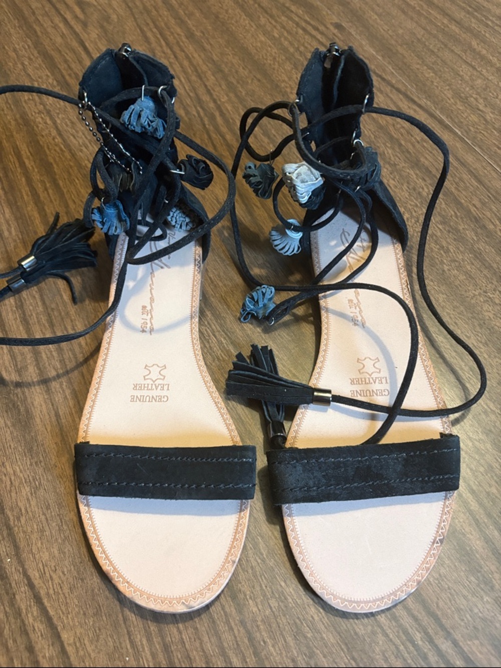 Vintage Havana Size 10 Black Lace Up Tassel Leather Sandals